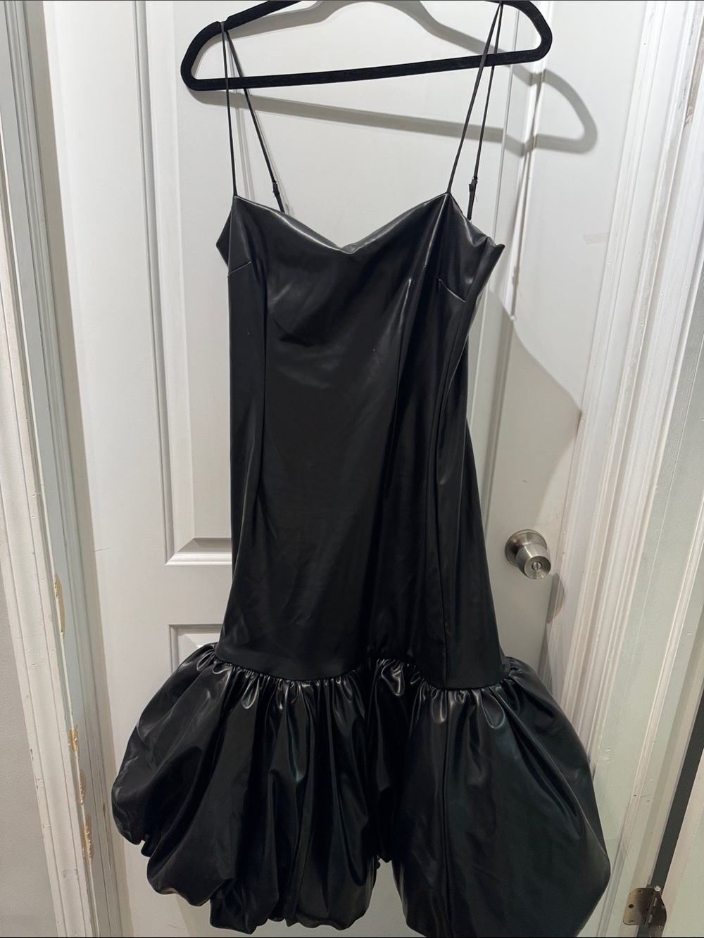 AKIRA Black Vegan Leather Mini Dress with Spaghetti Straps